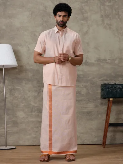 Men Copper Tissue Jacquard Half Sleeves Shirt with Matching Dhoti Set CD11
